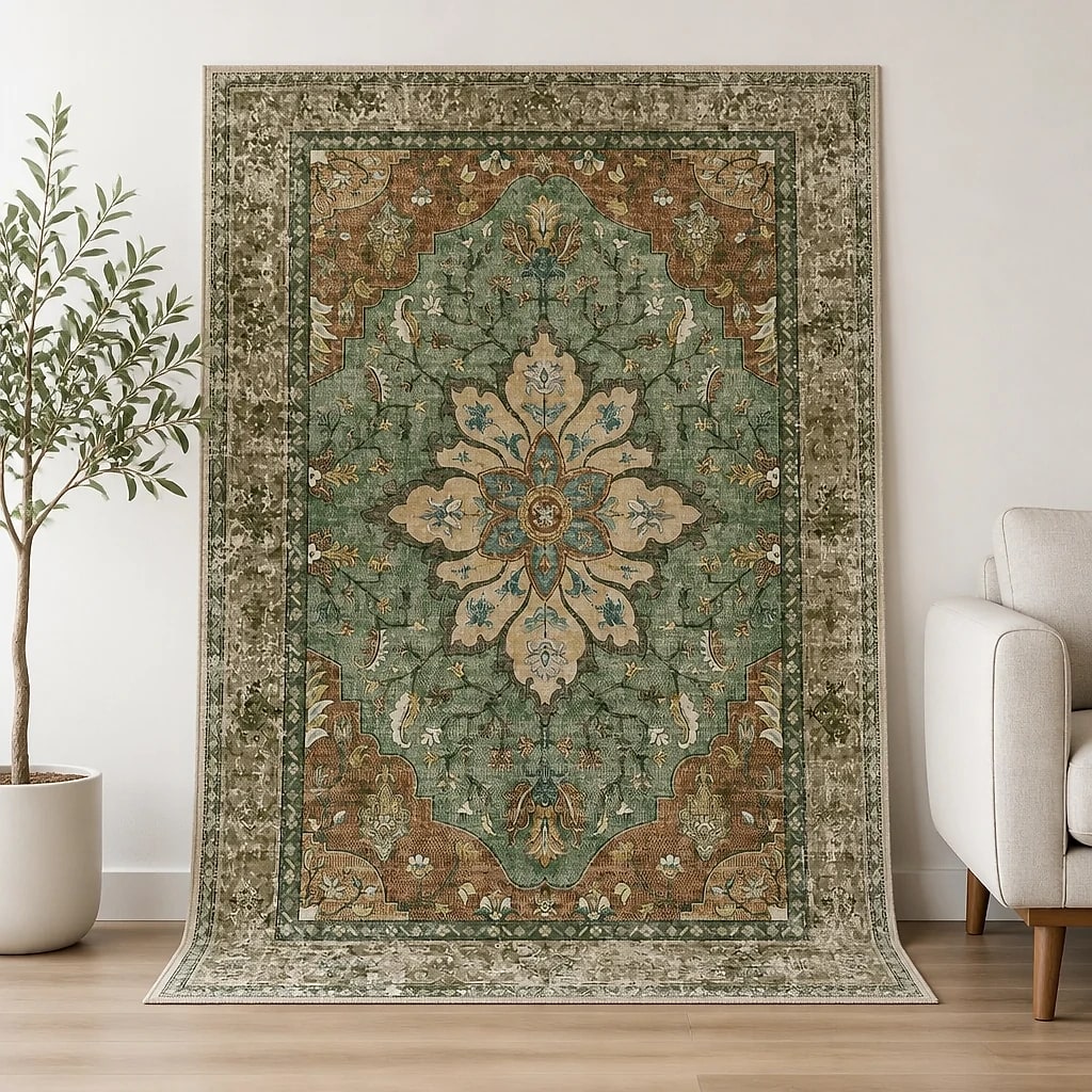 Tappeto Vintage Lavabile Medaglione Floreale
