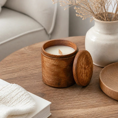 Candela Soia in Contenitore Legno
