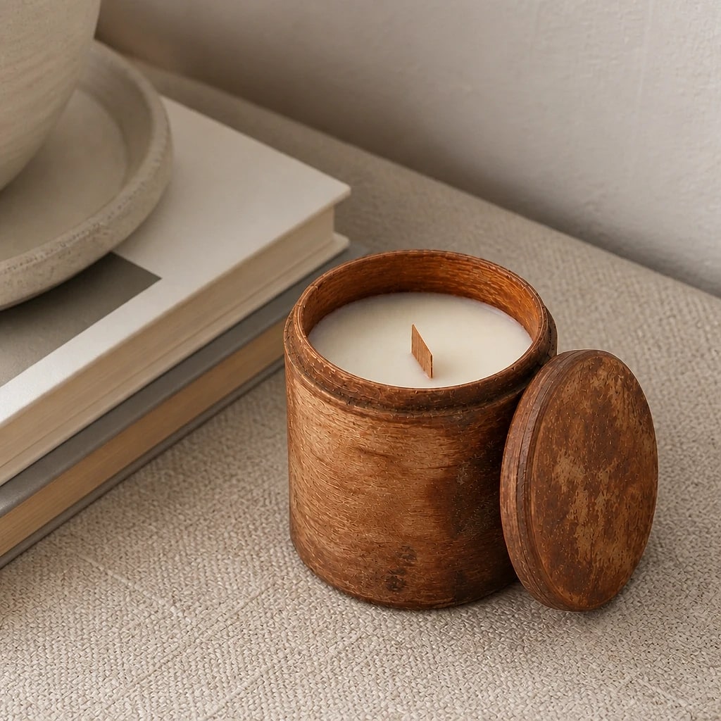 Candela Soia in Contenitore Legno