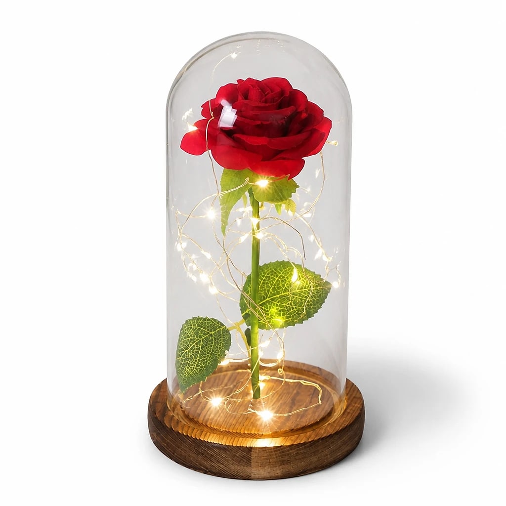 Rosa Artificiale LED in Campana di Vetro