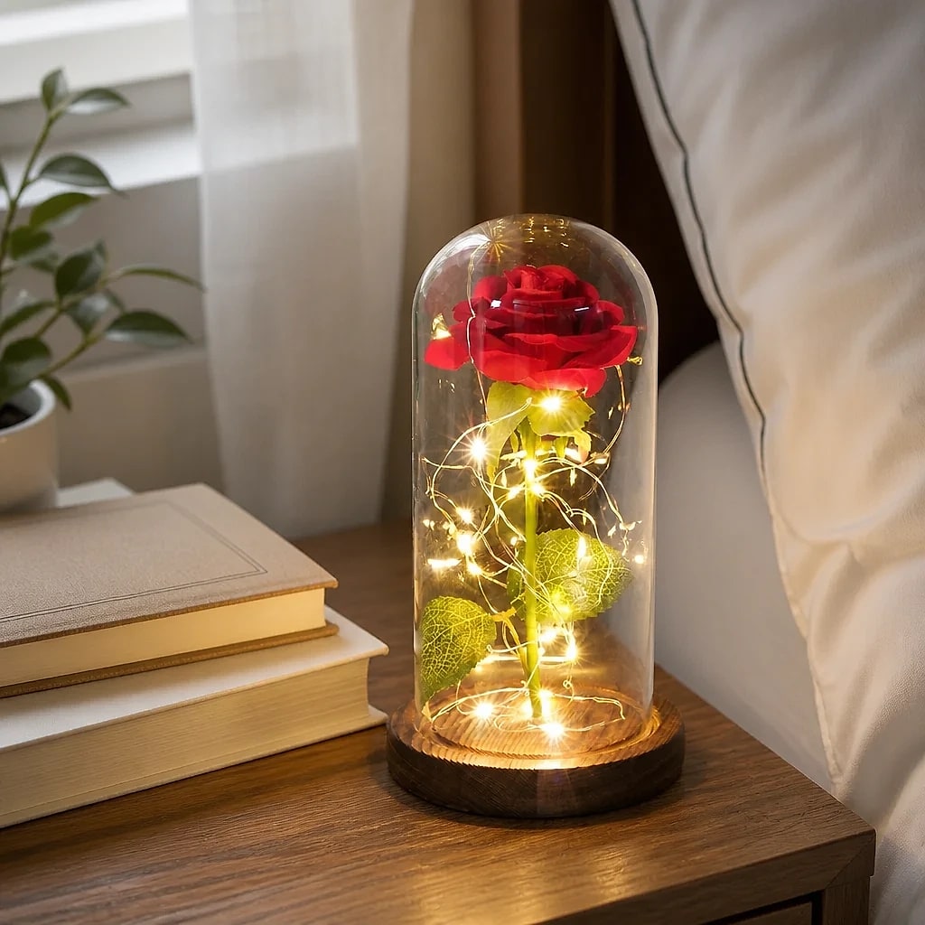 Rosa Artificiale LED in Campana di Vetro