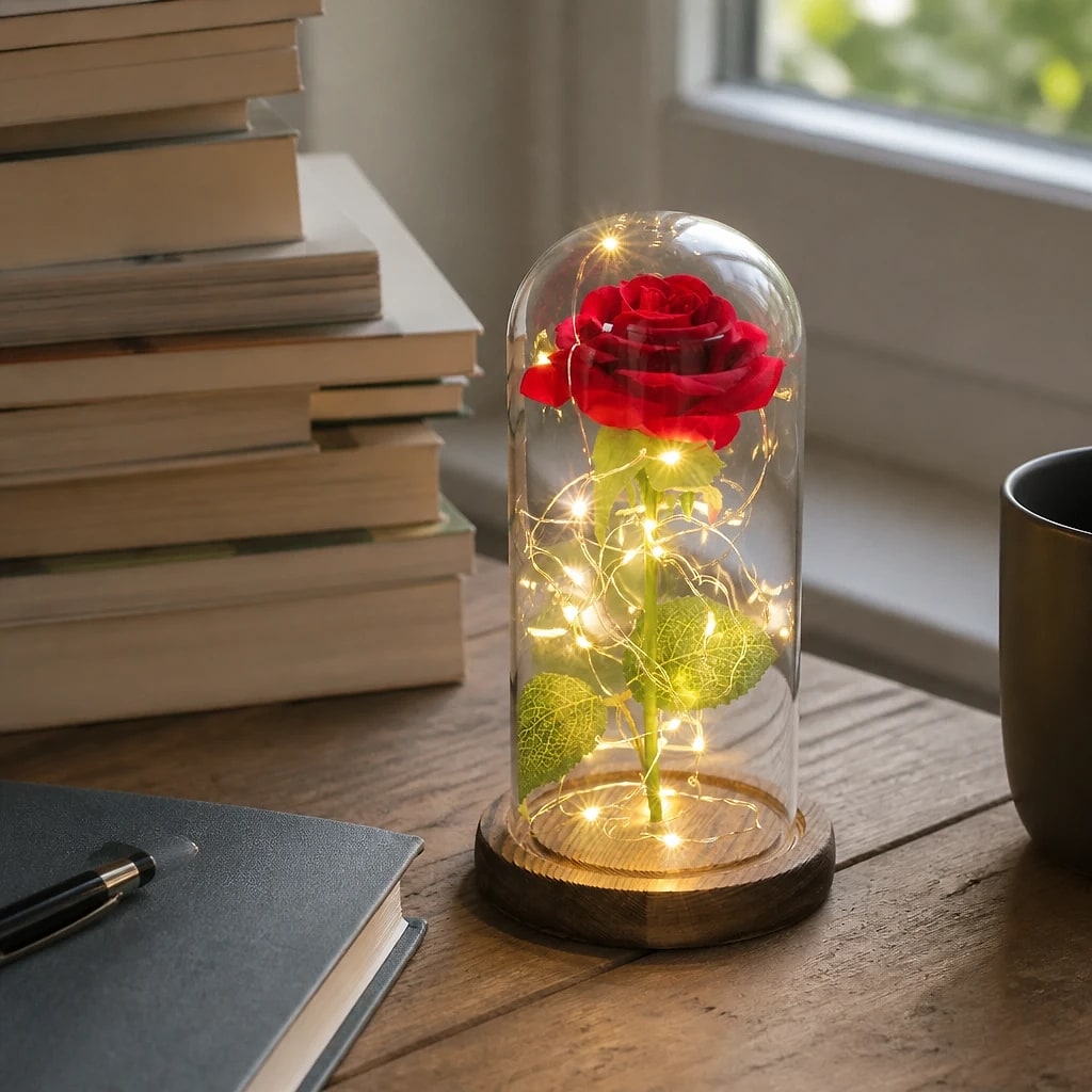 Rosa Artificiale LED in Campana di Vetro