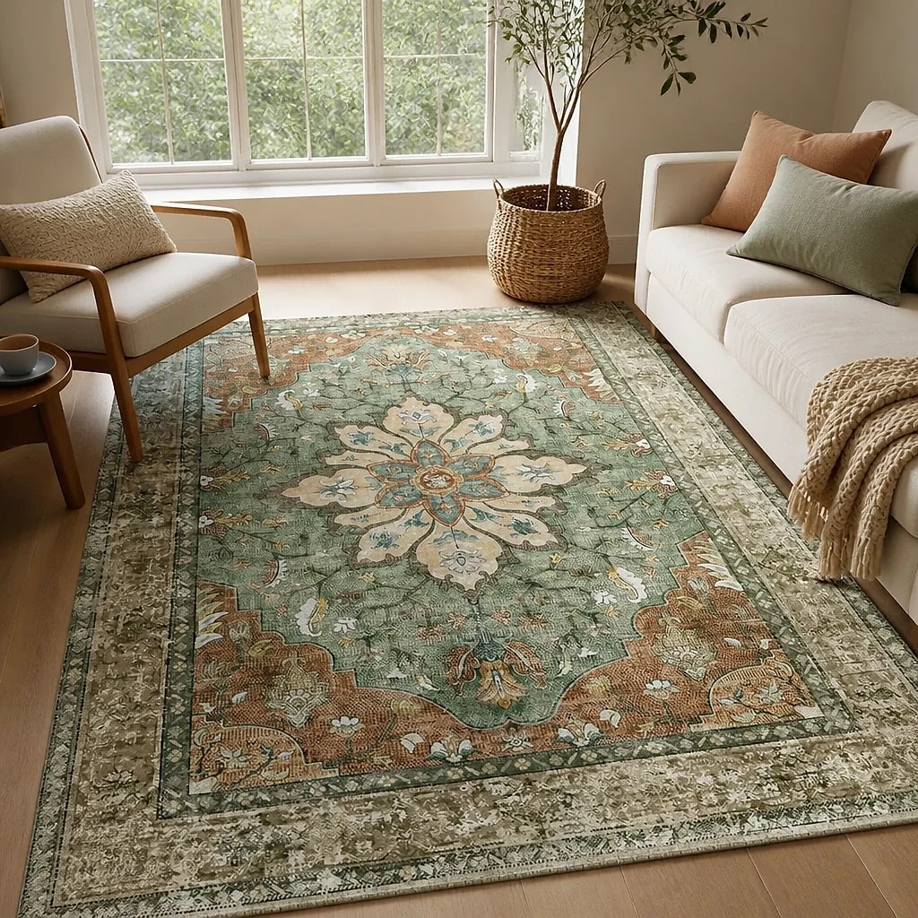 Tappeto Vintage Lavabile Medaglione Floreale