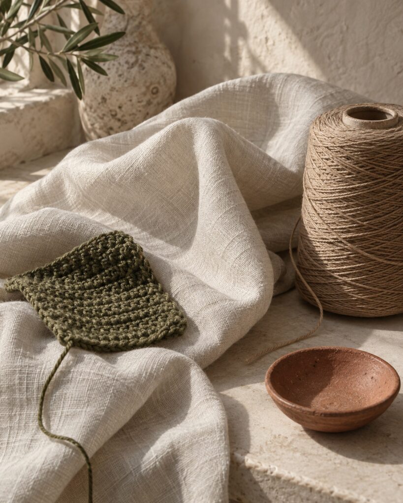 Lino, filato naturale, trama verde oliva e terracotta nella palette Falorino