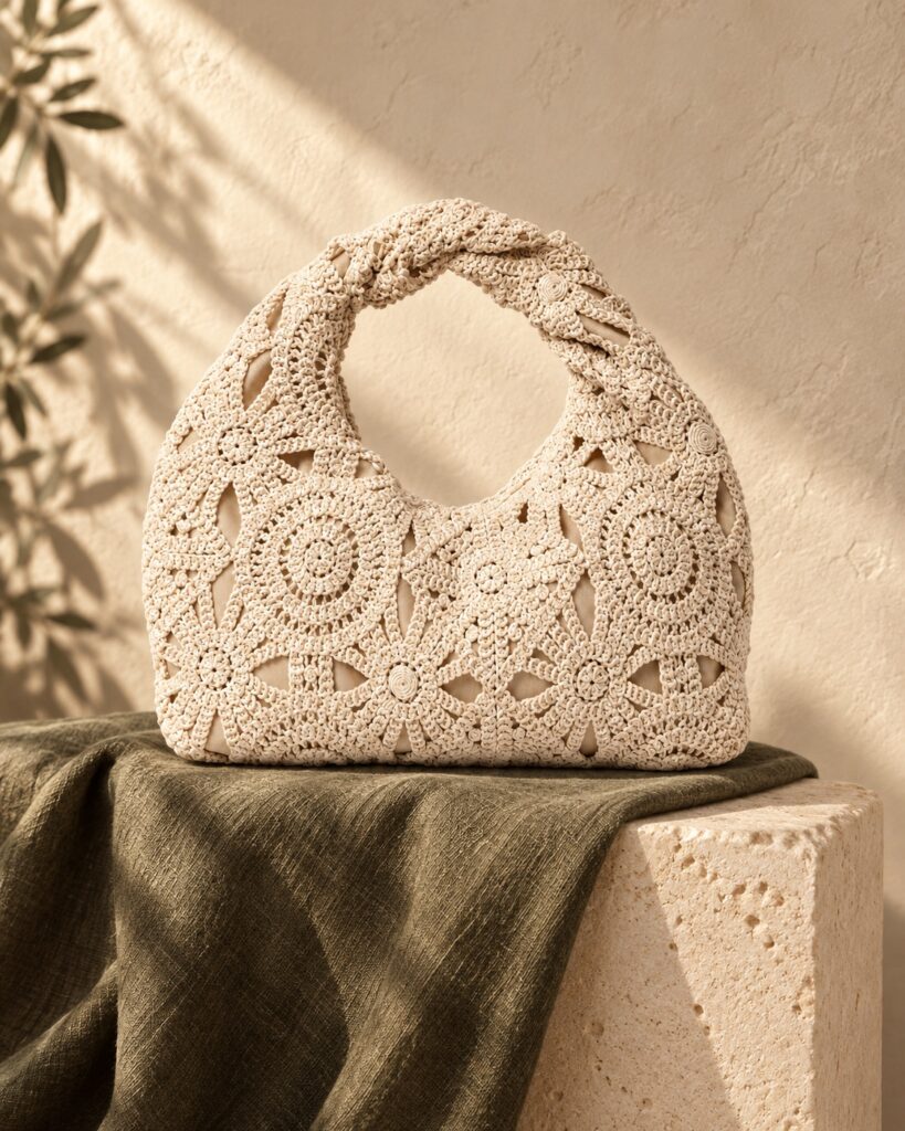 Borsa a mano Rosoni color crema su tessuto verde oliva