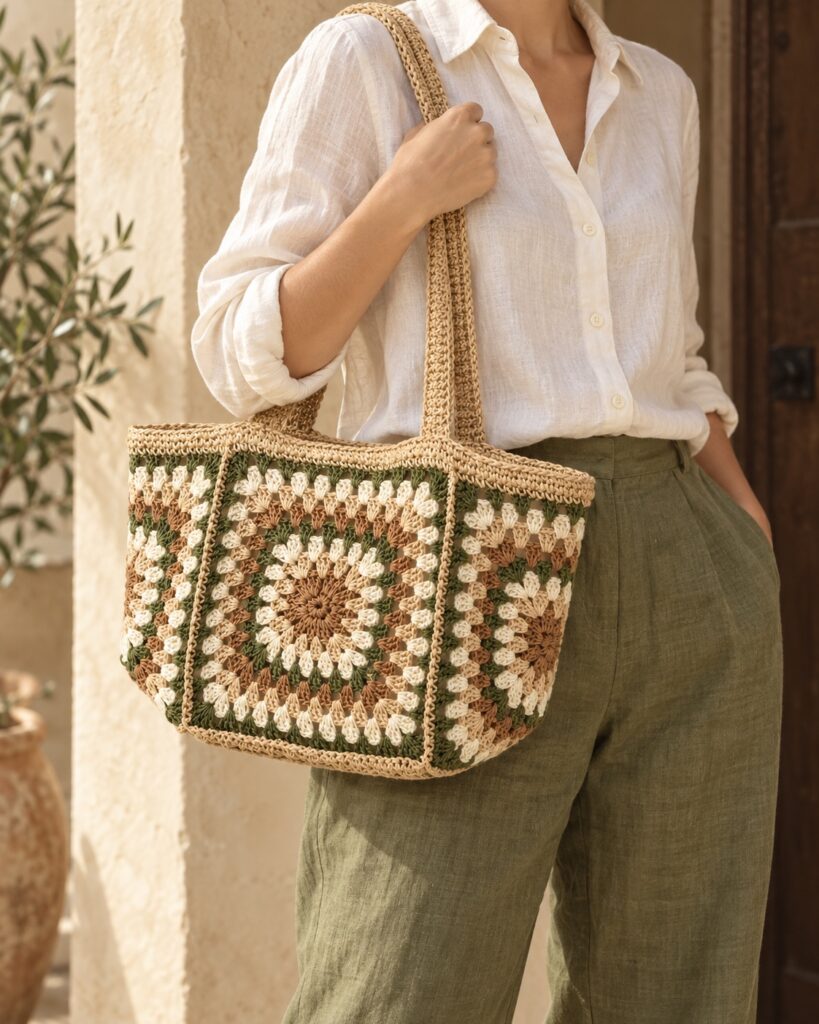 Borsa Granny Oliva indossata a spalla con un abito quotidiano nei toni naturali
